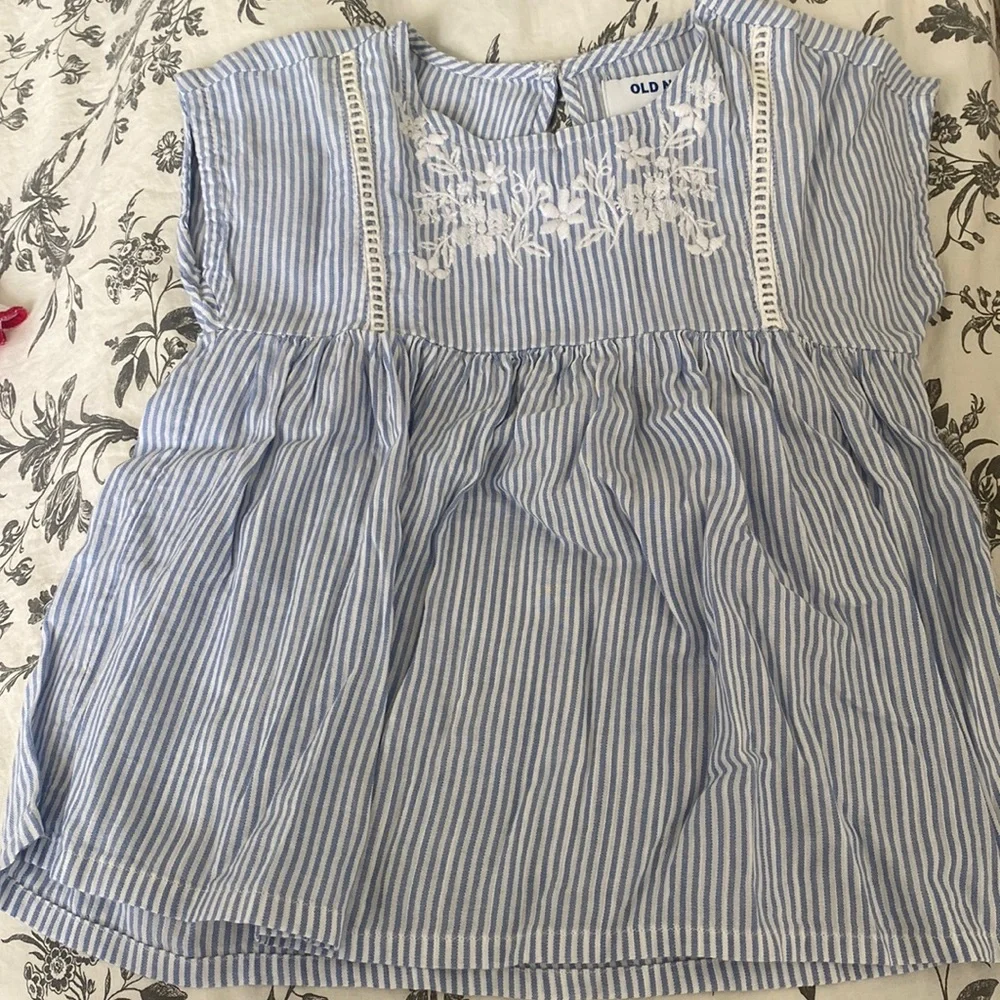 Old Navy Light Blue and White Striped Girls Blouse with Embroidered Yoke